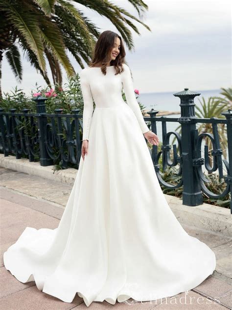 A Line Long Sleeve Backless Wedding Dresses White Satin Princess Weddi