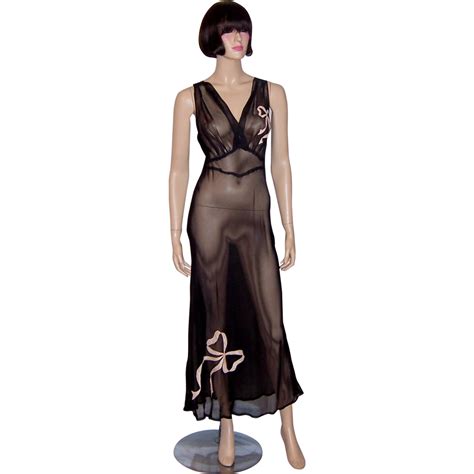 Sheer Black 1930s Negligee With Pink Bow Appliques Patricia Jons