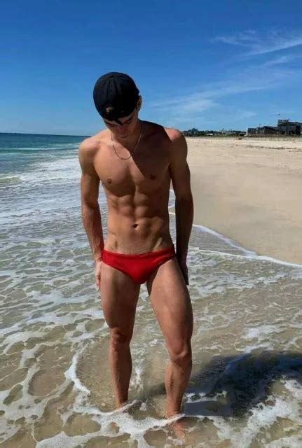 Shirtless Male Muscular Beach Jock Red Speedo Hunk Beefcake Guy Photo