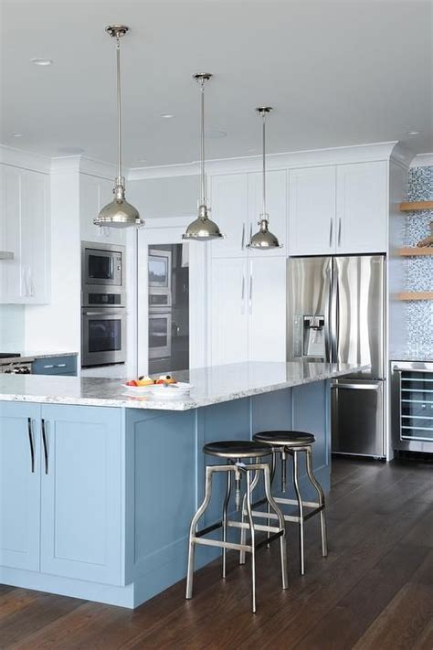 Moreover, a kitchen peninsula in the house can also be used as a snack area for breakfast. Blue Kitchen Island Peninsula with Backless Industrial Counter Stools - Transitional… | Blue ...