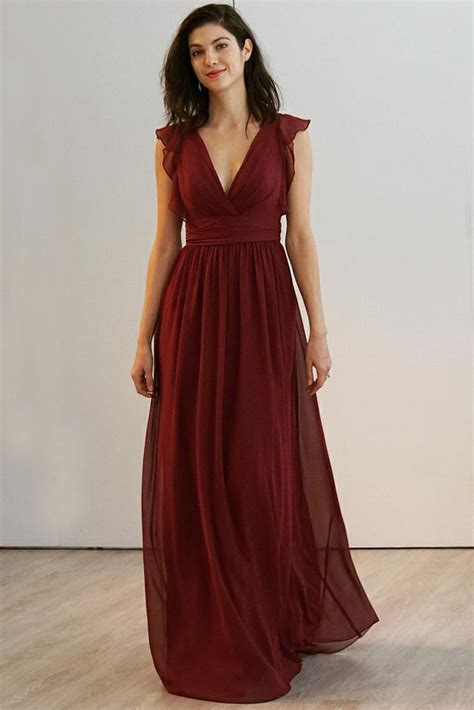 V Neck Burgundy Chiffon Long Bridesmaid Dresses With Flounced Sleeves