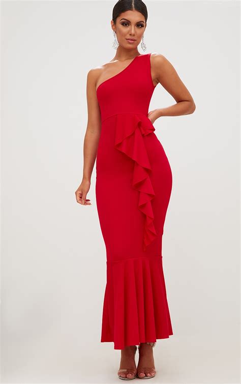 Red Ruffle Detail One Shoulder Maxi Dress Dresses Prettylittlething Ie