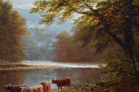 Landscape Oil Painting Of Cattle Watering At A River By William Mellor