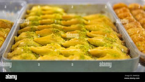 Pistachio Baklava Closeup In Baking Dish Traditional Middle Eastern