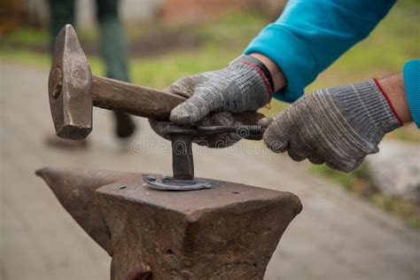 Blacksmith Worker Hammer Gloves Horeshoe Closeup Stock Image Image Of
