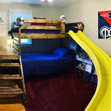 Kids will look forward to bedtime with this raised clubhouse style fort bed with free plans. DIY Bunk Bed w/slide (made by www.maylostudio.com) | Diy bunk bed, Loft bed, Diy furniture plans