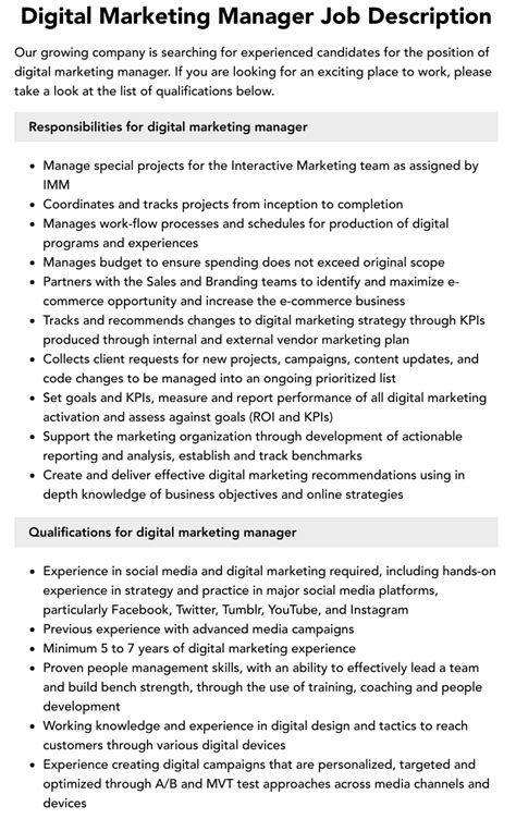 Digital Marketing Manager Job Description Velvet Jobs