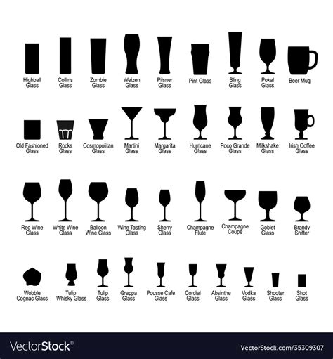 Bar Glasses With Names Black Silhouette Icons Vector Image