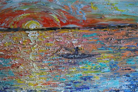 Sunset On The Lake Fishing Boat Original Oil Painting Impasto Textured