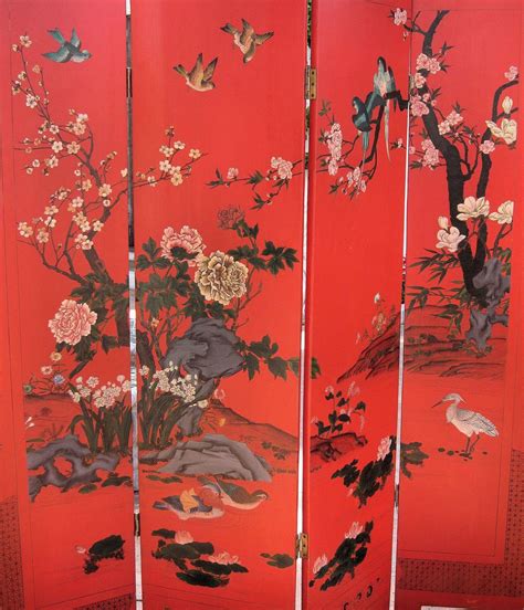 Chinese Four Panel Red Lacquer Wood Screen From Dynastycollections On