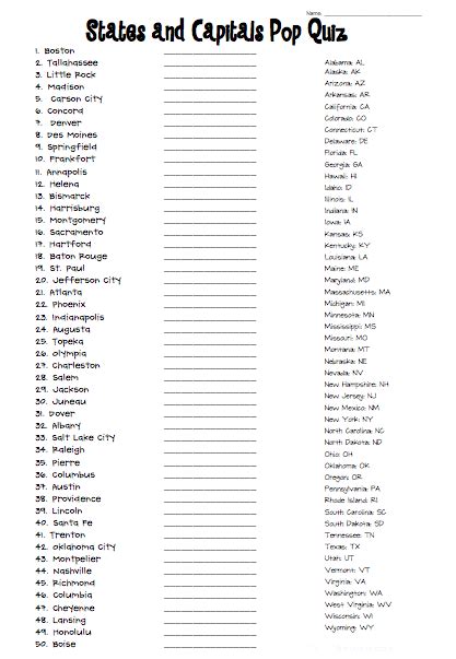Us States And Capitals Test Printable