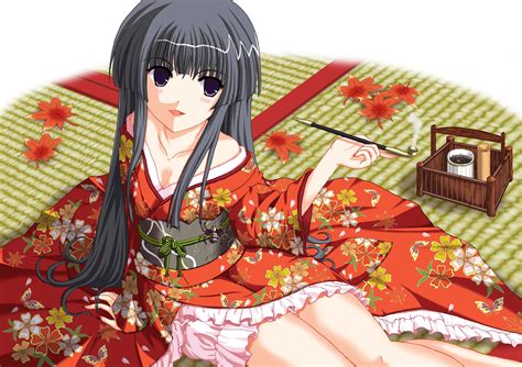 black hair japanese clothes kimono leaves long hair original purple eyes smoking tagme artist
