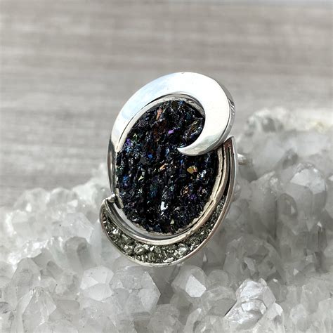 Raw Pyrite Ring Black Druzy Carborundum Ring Adjustable Etsy
