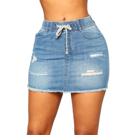 Jean Skirt Womens Drawstring Elastic Waisted Slim Fit Ripped Stretch Mini Denim Skirt Buy