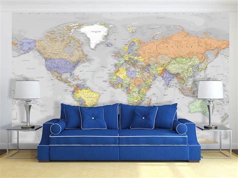 World Map Mural Detailed Gray Oceans World Map Wall Art Peel And Stick