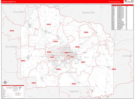 Alachua County, FL Zip Code Wall Map Red Line Style by MarketMAPS