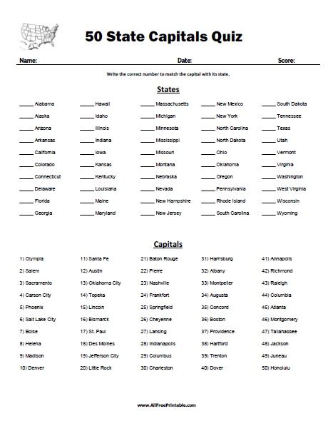 Free List Of States And Capitals Printable Printable Templates