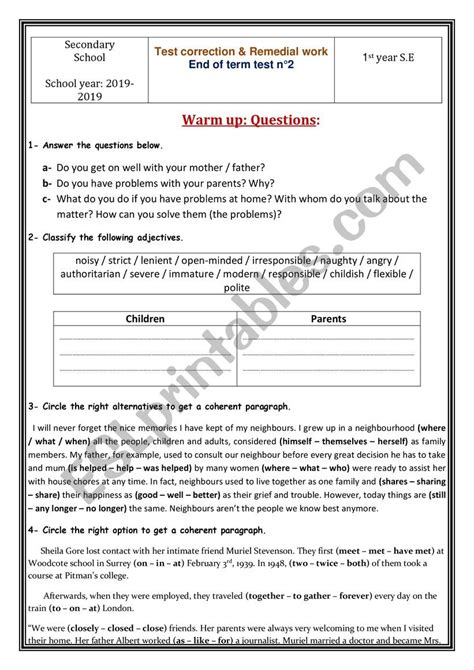 1st Form Test Correction And Remedial Work Esl Worksheet By Great