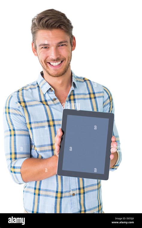 Handsome Young Man Showing His Tablet Pc Stock Photo Alamy