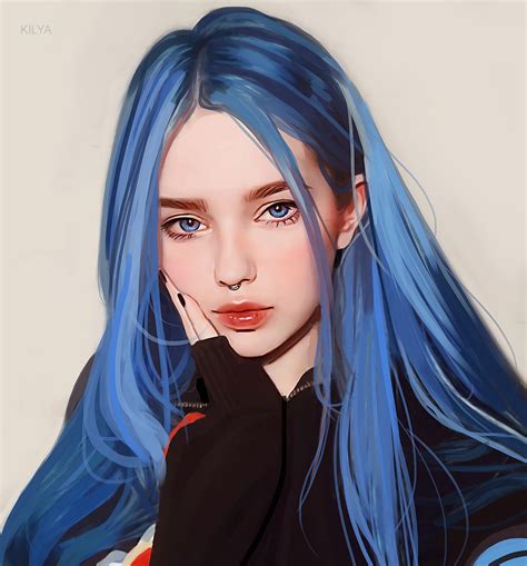 Anime Blue Hair Anime Hair Digital Art Girl Digital Portrait Cool