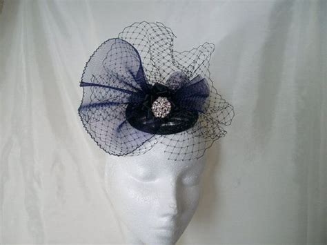 Navy Blue Fascinator With Blusher Veil Crinoline Bow Pearls Etsy