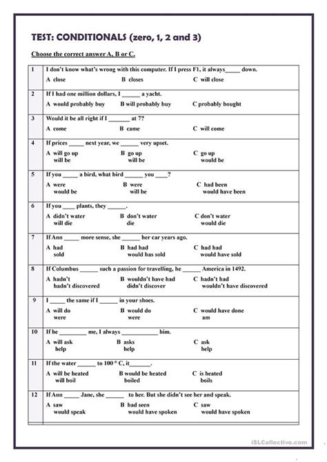 Live worksheets worksheets that listen. Test: Conditionals (zero, 1, 2 and 3) worksheet - Free ESL ...