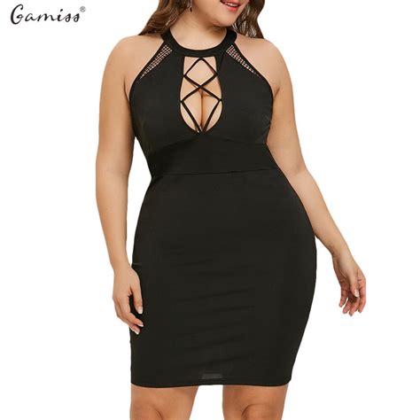 Wipalo Plus Size Cut Out Sexy Club Party Dress Women Black O Neck