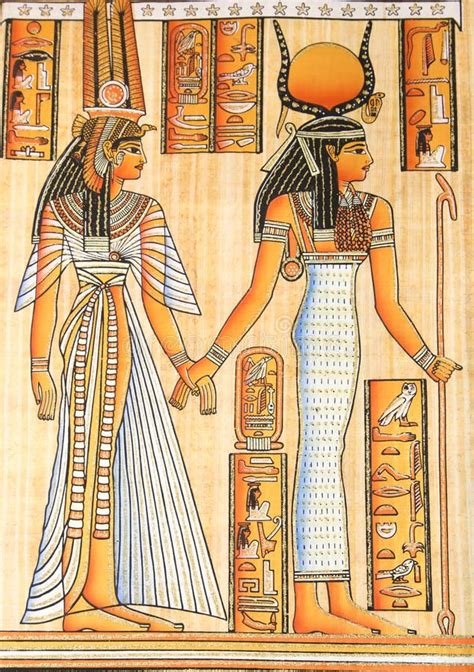 An Egyptian Painting With Two Women Holding Hands
