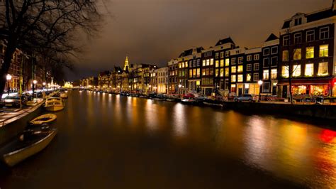 Amsterdam Night Time Netherlands River Amstel Street