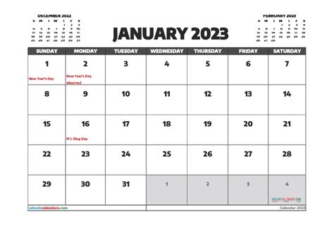 Free Downloadable Printable January 2023 Calendar With Holidays