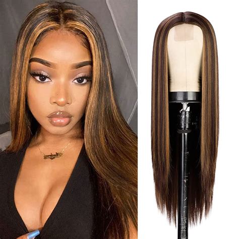 Long Straight Highlights Wig For Black Women Brown Mixed Blonde Wig 28