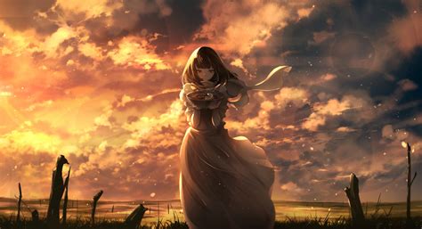 Wallpaper Gadis Anime Rambut Panjang Malam Langit Karya Seni