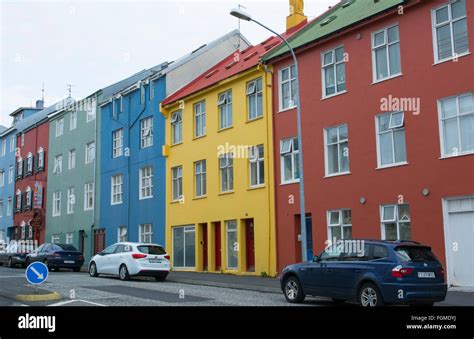 Reykjavik Iceland Downtown Colorful Houses On Street In Neighborhood