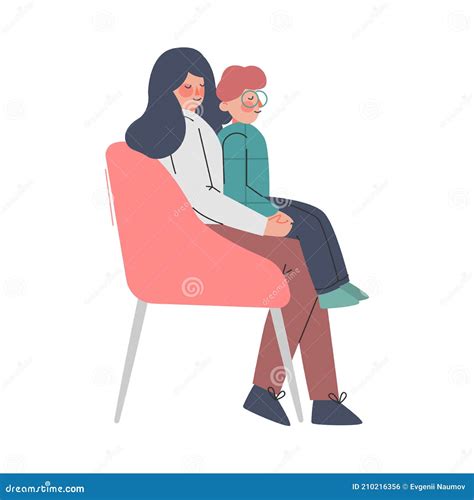Mother Sitting At Armchair With Son In Her Lap Cartoon Vector Illustration On White Background