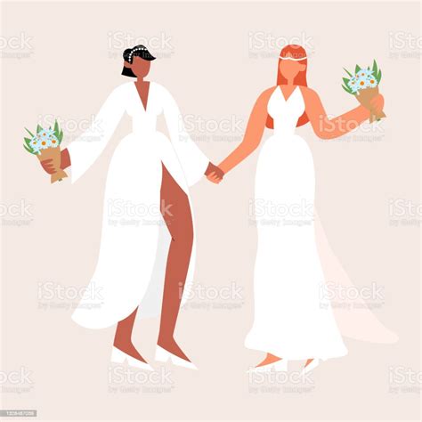 ilustración de feliz pareja de lesbianas boda lgbtq dos lesbianas se abrazan vestidos de novia