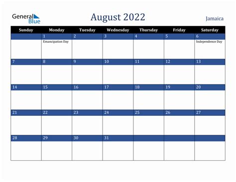 August 2022 Jamaica Holiday Calendar
