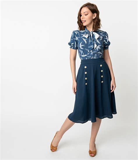 1950s Style Navy Blue Crepe Cute As A Button High Waist Swing Skirt