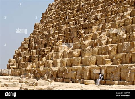 Close Up Of Egyptian Pyramids In Giza Cairo Egypt With Guard On Stock