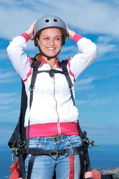 Skydive Fanatic Beautiful Young Woman Outdoors In Skydiving Gear