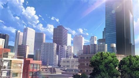Download 1920x1080 Anime Cityscape Buildings Sky Sunlight Wallpapers For Widescreen