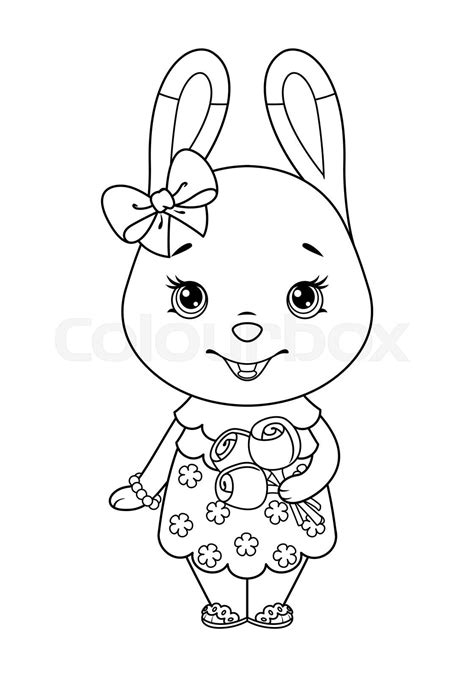 Cute Bunny Girl In Dress And With Flowers Coloring Page Black And