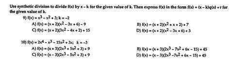 Solved Use Synthetic Division To Divide Fx By X−k For The