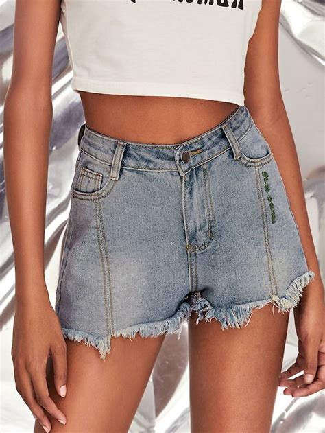 letter embroidery raw hem denim shorts shein summer style casual casual girl cute summer