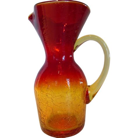 Vintage Blown Amberina Crackle Glass Pitcher Vase Historique Ruby Lane