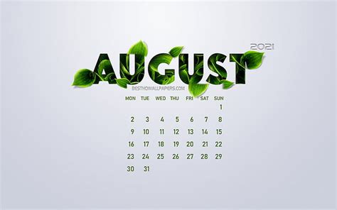 August 2021 Calendar Eco Concept Green Leaves August White