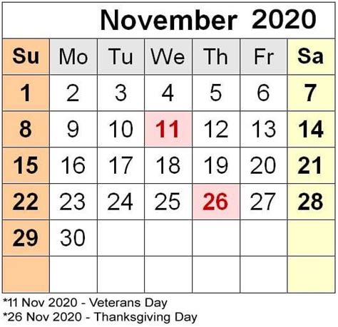 November 2020 Calendar With The Holidays Highlighted