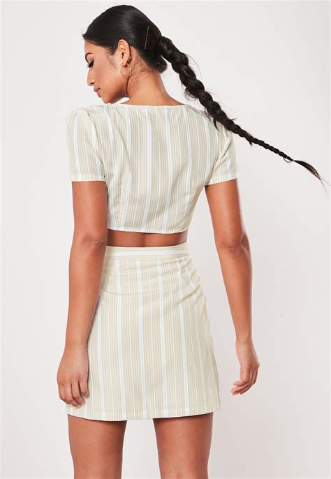 Stone Co Ord Lace Stripe Button Front Crop Top Missguided