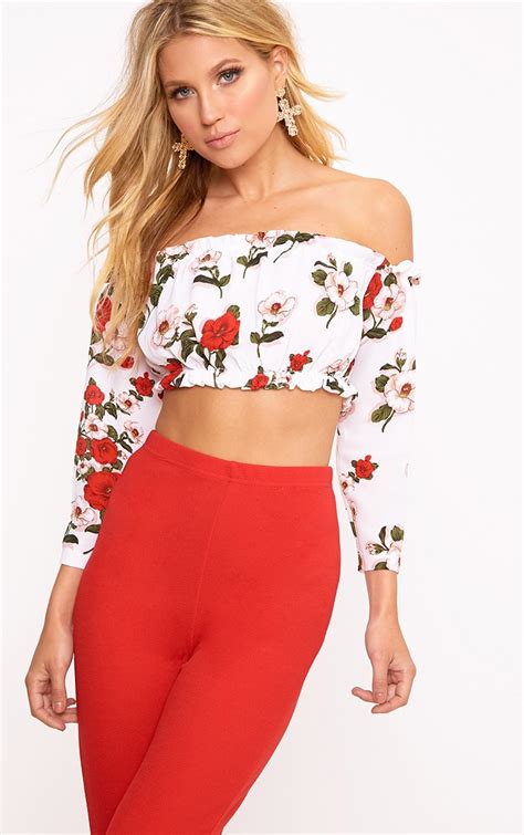 Cream Floral Print Bandeau Crop Top Tops Prettylittlething Aus