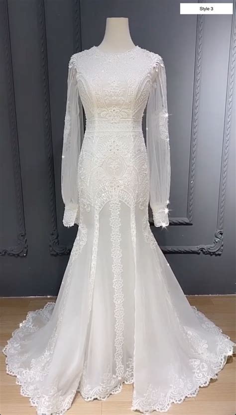 Vintage Long Sleeves Floral Lace Applique White Mermaid Wedding Dress
