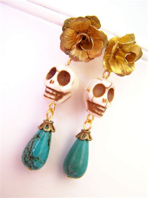 Dia De Los Muertos Drop Earrings Skull Post Earrings With Turquoise